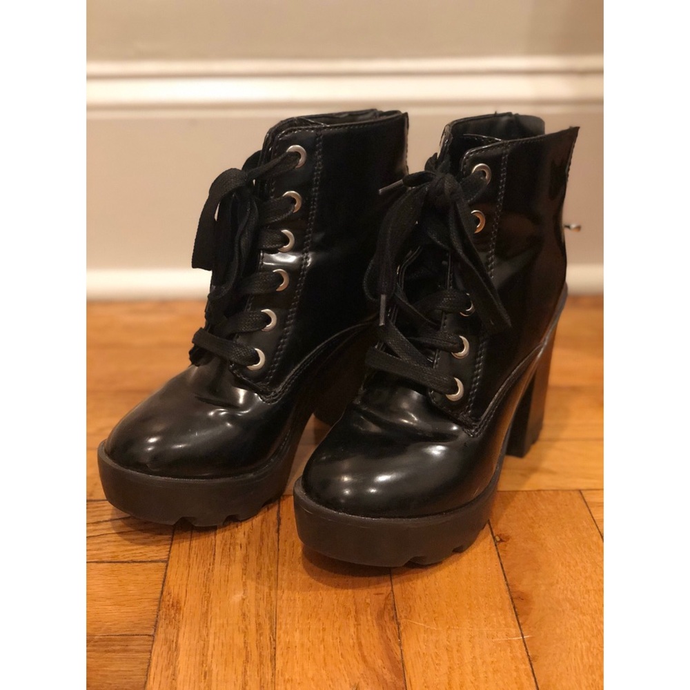 Faux Patent Leather Lace Up Booties Lugged Sole